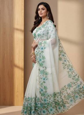 Teal Color  Floral Print With Pearls and Pipe Hand Work Organza Saree 2
