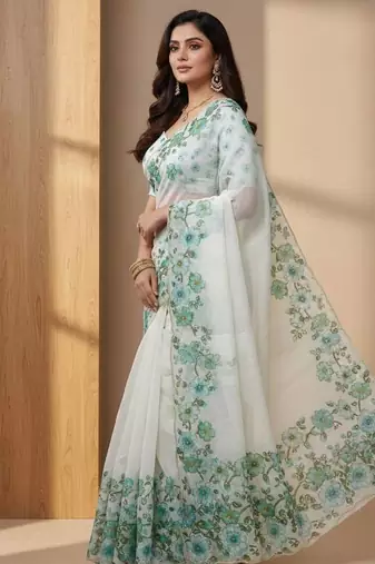 Teal Color  Floral Print With Pearls and Pipe Hand Work Organza Saree