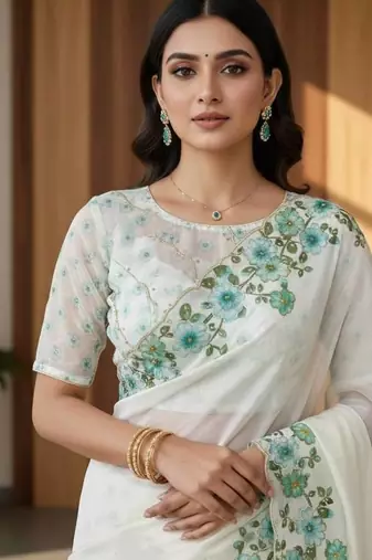 Teal Color  Floral Print With Pearls and Pipe Hand Work Organza Saree