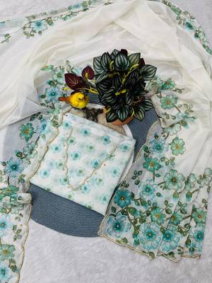 Teal Color  Floral Print With Pearls and Pipe Hand Work Organza Saree 4