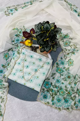 Teal Color  Floral Print With Pearls and Pipe Hand Work Organza Saree