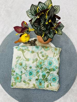 Teal Color  Floral Print With Pearls and Pipe Hand Work Organza Saree 5