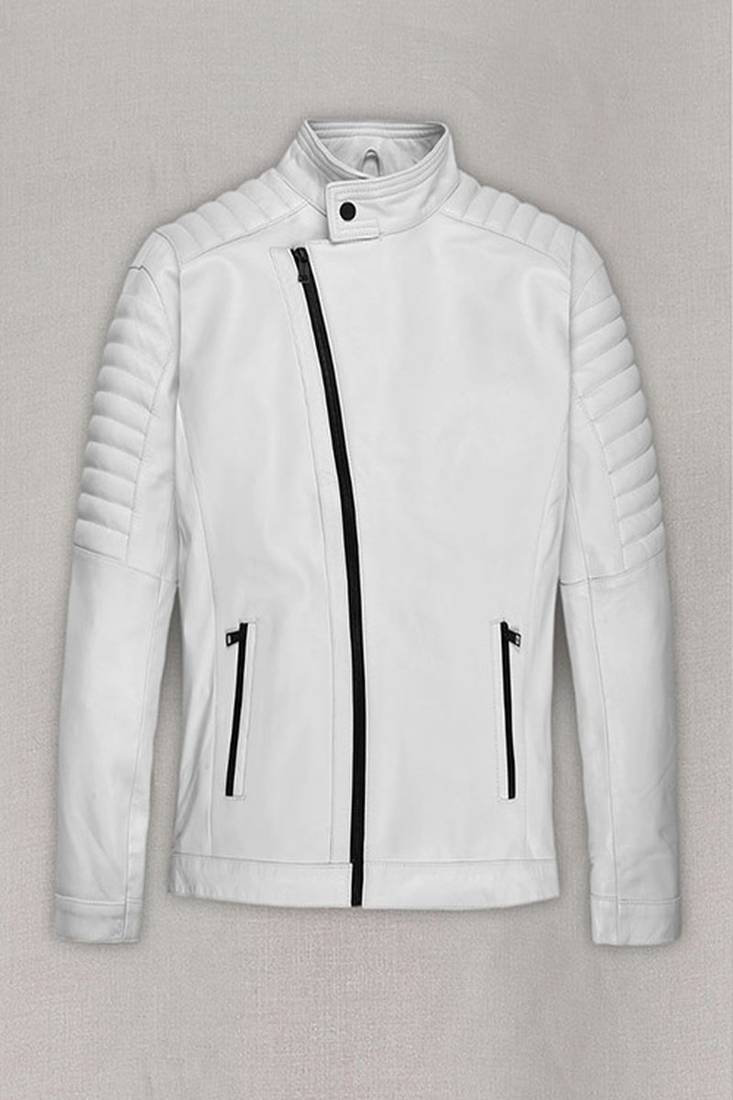 Classic white leather jacket pure lambskin quilted shoulder stylish