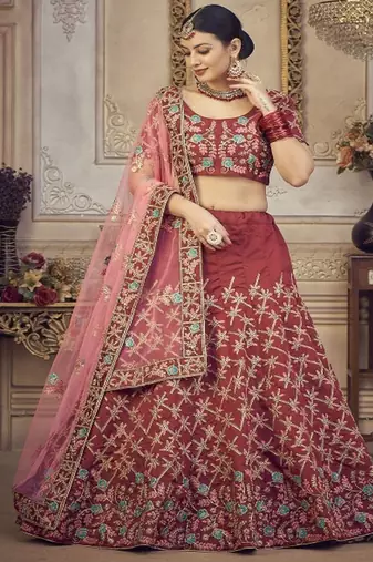 Floral Embroidered Thread Work Unstitched Blouse And Lehenga With Dupatta