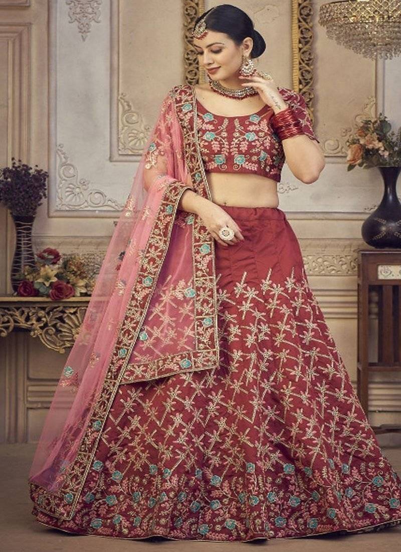 Floral Embroidered Thread Work Unstitched Blouse And Lehenga With Dupatta