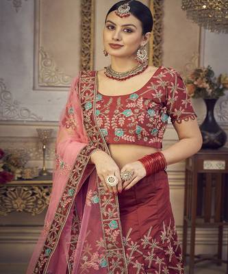 Floral Embroidered Thread Work Unstitched Blouse And Lehenga With Dupatta 2