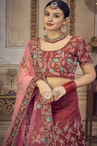 Floral Embroidered Thread Work Unstitched Blouse And Lehenga With Dupatta