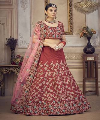 Floral Embroidered Thread Work Unstitched Blouse And Lehenga With Dupatta 3