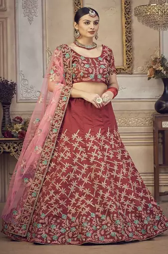Floral Embroidered Thread Work Unstitched Blouse And Lehenga With Dupatta