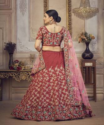 Floral Embroidered Thread Work Unstitched Blouse And Lehenga With Dupatta 4