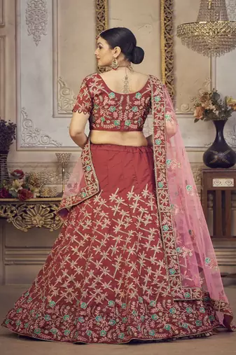 Floral Embroidered Thread Work Unstitched Blouse And Lehenga With Dupatta