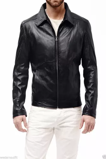 100% genuine pure soft leather  black pure lambskin men's leather jacket  collar zip style