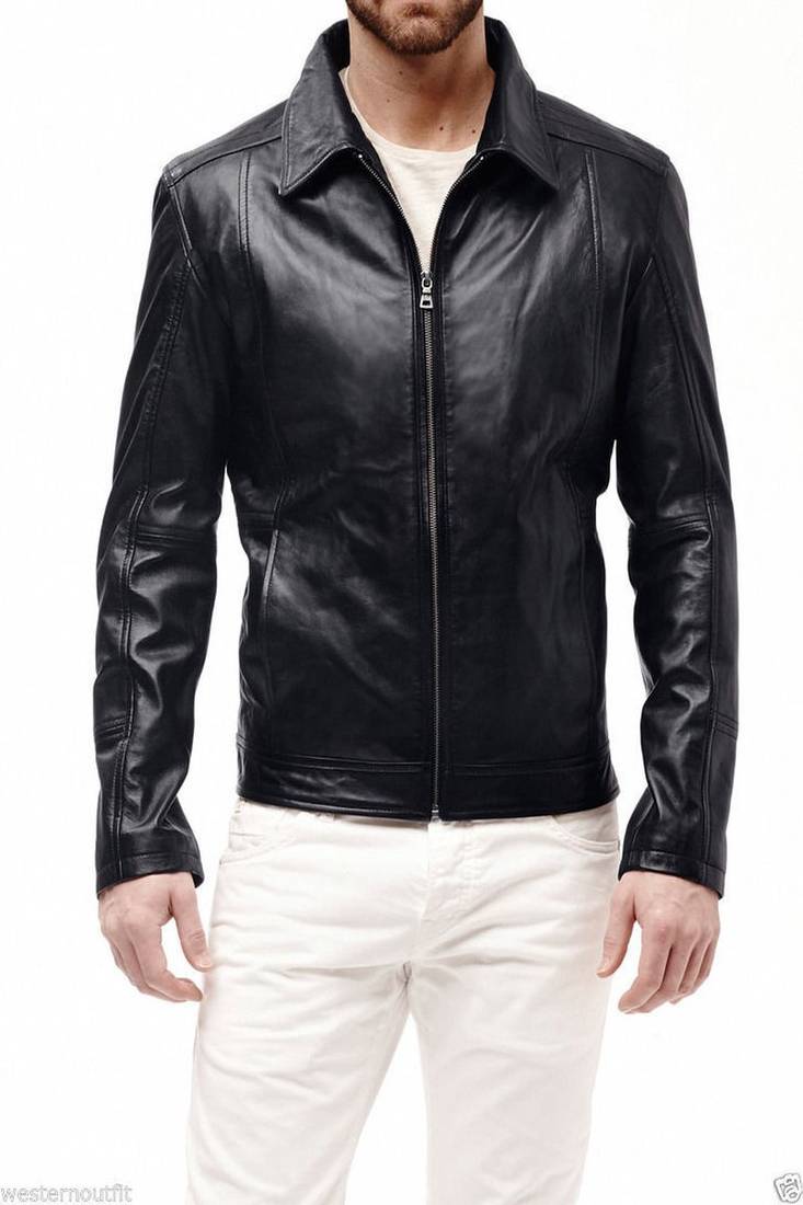 100% genuine pure soft leather  black pure lambskin men's leather jacket  collar zip style