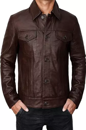 Genuine pure soft leather brown pattern pure lambskin men's leather jacket  button style