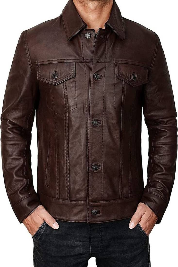 Genuine pure soft leather brown pattern pure lambskin men's leather jacket  button style