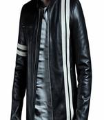 Genuine soft leather lambskin men's leather jacket  black white strip motor jacket