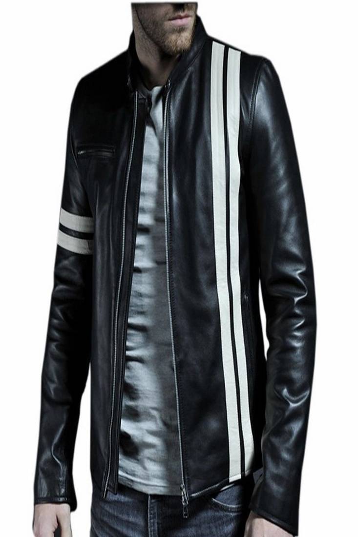 Genuine soft leather lambskin men's leather jacket  black white strip motor jacket