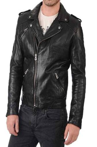 men's black lambskin leather biker jacket classic moto zip style stylish signature