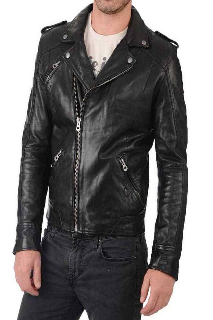 Black soft leather pure lambskin leather jacket motorcycle jacket moto style