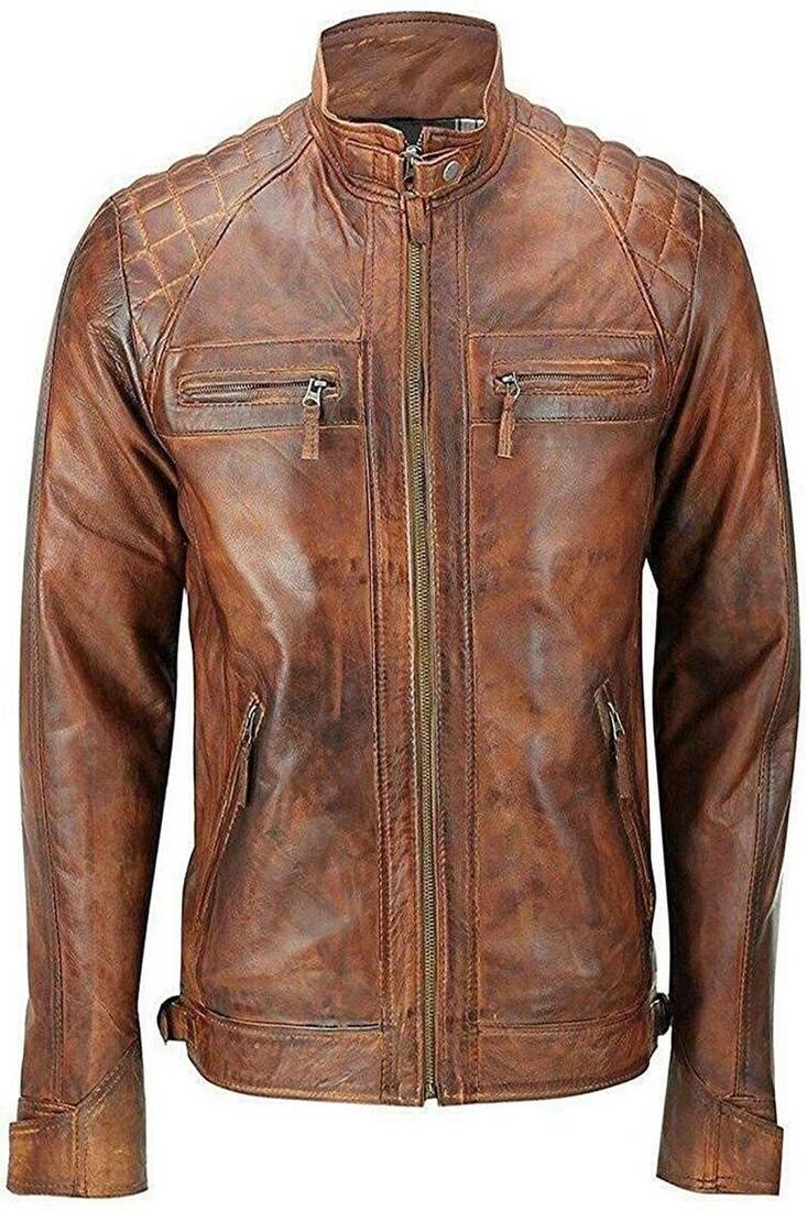 Stylish pure lambskin tan brown leather jacket motorcycle jacket biker