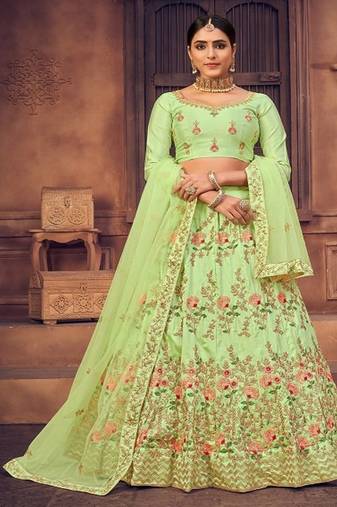 Green & Gold Toned Embroidered Thread Work Semi Stitched Lehenga & Unstitched Blouse With Dupatta