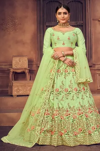 Green & Gold Toned Embroidered Thread Work Semi Stitched Lehenga & Unstitched Blouse With Dupatta