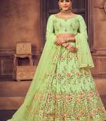 Green & Gold Toned Embroidered Thread Work Semi Stitched Lehenga & Unstitched Blouse With Dupatta