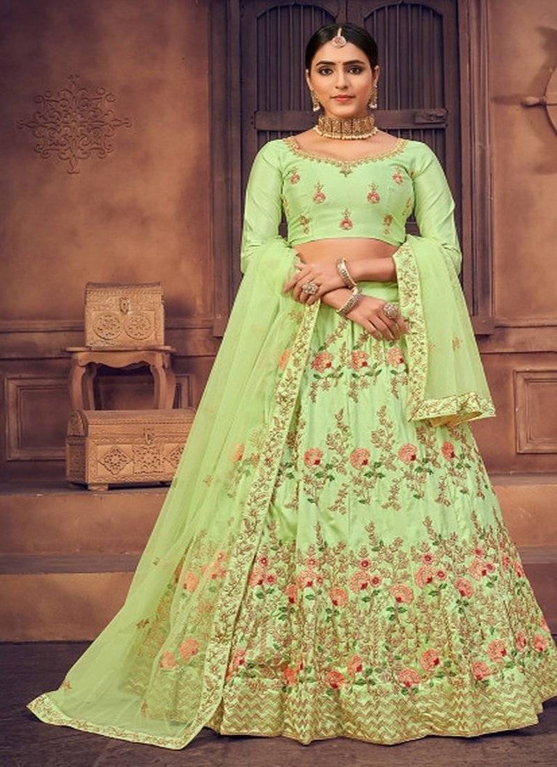 Green & Gold Toned Embroidered Thread Work Semi Stitched Lehenga & Unstitched Blouse With Dupatta