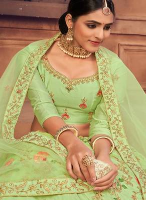 Green & Gold Toned Embroidered Thread Work Semi Stitched Lehenga & Unstitched Blouse With Dupatta 2