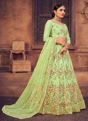 Green & Gold Toned Embroidered Thread Work Semi Stitched Lehenga & Unstitched Blouse With Dupatta 3