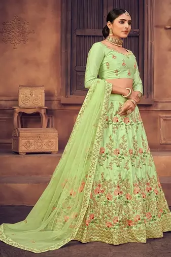 Green & Gold Toned Embroidered Thread Work Semi Stitched Lehenga & Unstitched Blouse With Dupatta
