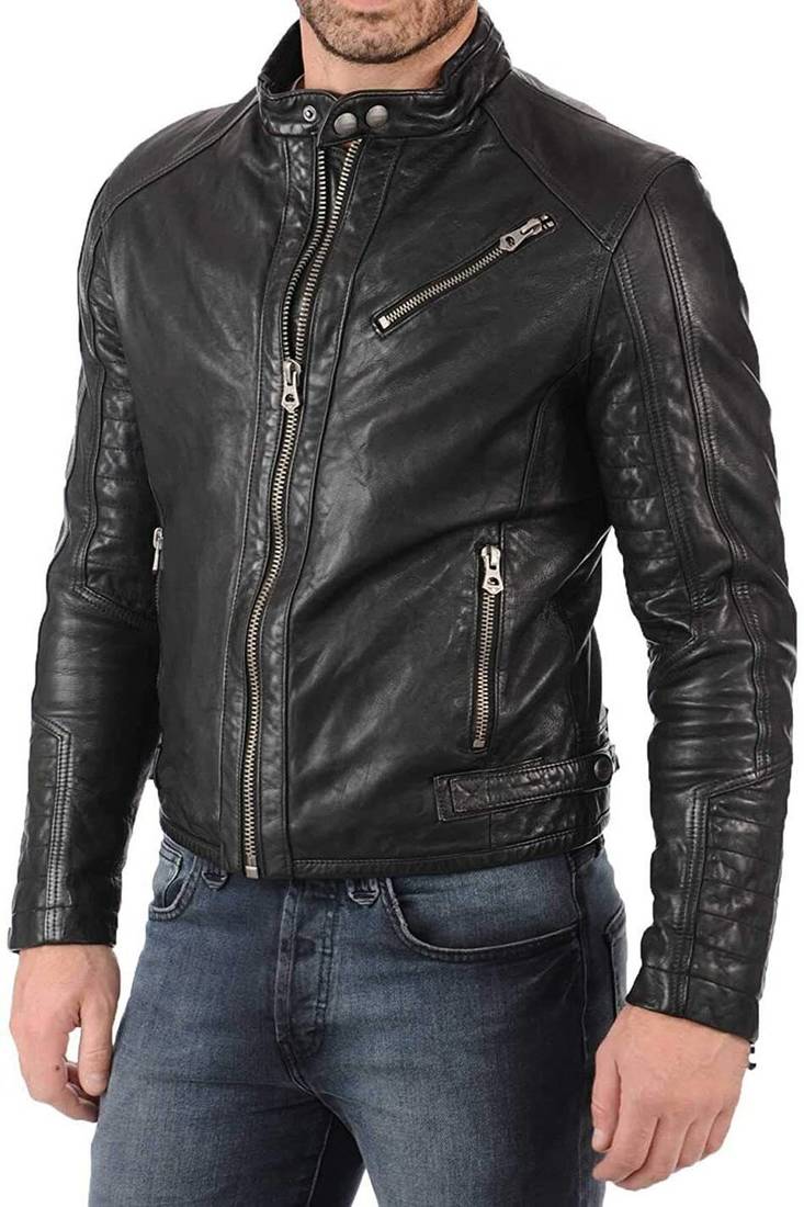 Mens genuine stylish pure lambskin black leather jacket motorcycle jacket