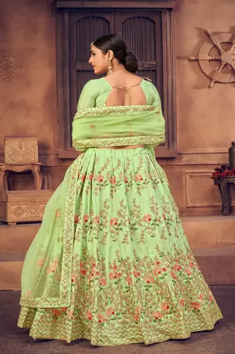 Green & Gold Toned Embroidered Thread Work Semi Stitched Lehenga & Unstitched Blouse With Dupatta