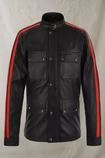 Black 4 pockets stylish pure lambskin black red strip leather jacket motorcycle jacket