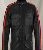 Black 4 pockets stylish pure lambskin black red strip leather jacket motorcycle jacket