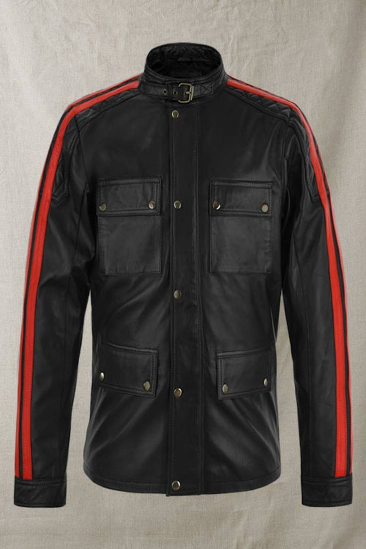Black 4 pockets stylish pure lambskin black red strip leather jacket motorcycle jacket