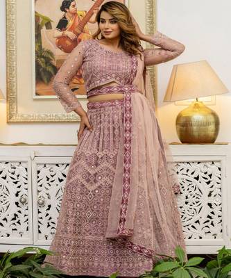 Embellished Thread Work Semi Stitched Lehenga & Unstitched Blouse With Dupatta 1