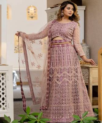 Embellished Thread Work Semi Stitched Lehenga & Unstitched Blouse With Dupatta 2