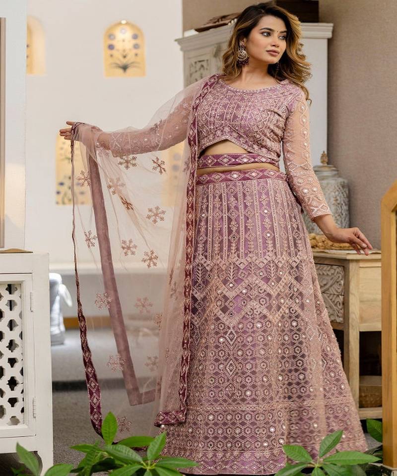 Embellished Thread Work Semi Stitched Lehenga & Unstitched Blouse With Dupatta