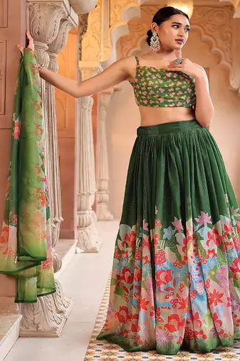 Printed Thread Work Ready to Wear Lehenga & Unstitched Blouse With Dupatta