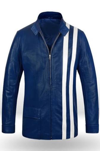 Men's racer blue white strip leather straight zip pockets lambskin jacket slim fit moto style