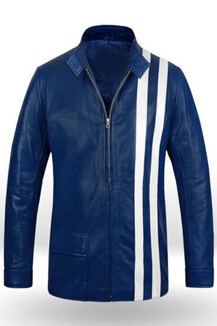 Men's racer blue white strip leather straight zip pockets lambskin jacket slim fit moto style