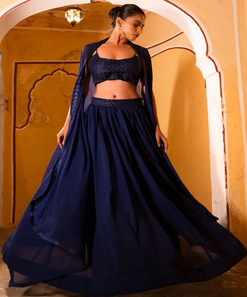 Embroidered Sequinned Georgette Ready To Wear Lehenga & Blouse With Dupatta