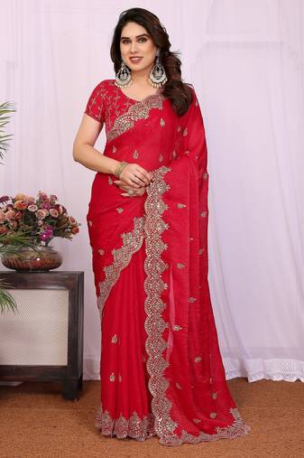 Red chiffon sequence work saree with matching blouse piece