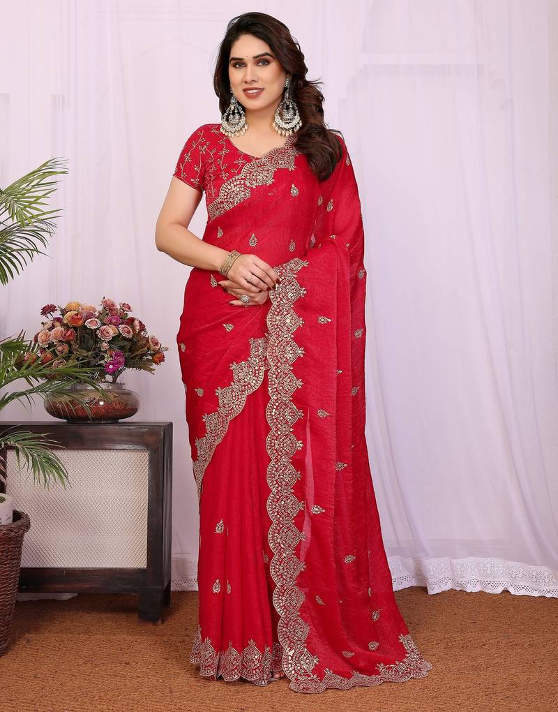 Red chiffon sequence work saree with matching blouse piece