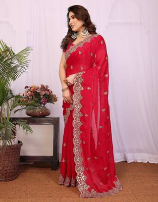 Red chiffon sequence work saree with matching blouse piece 2