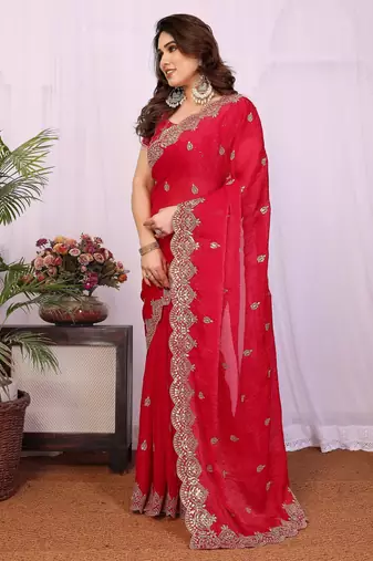 Red chiffon sequence work saree with matching blouse piece