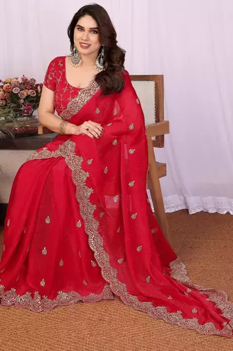 Red chiffon sequence work saree with matching blouse piece