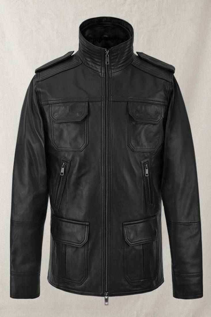 Classic vintage black stylish pure lambskin leather jacket 4 pockets button