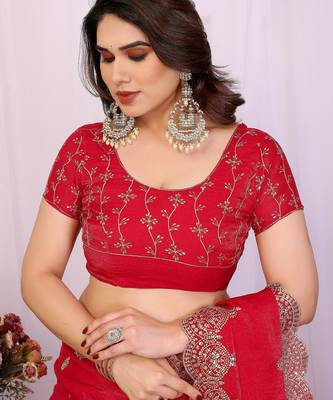 Red chiffon sequence work saree with matching blouse piece 5